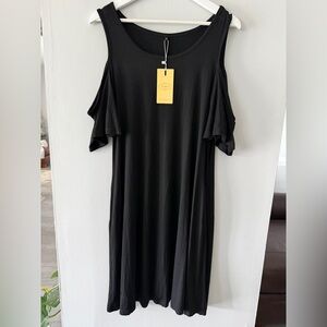 NWT Hao MeiLi Elegant Black Cold Shoulder Dress with pockets soft and floaty